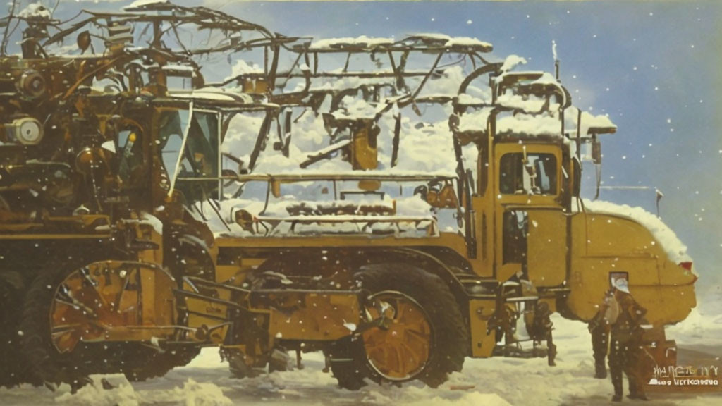 Vintage Snow-Covered Yellow Tram in Snowy Setting