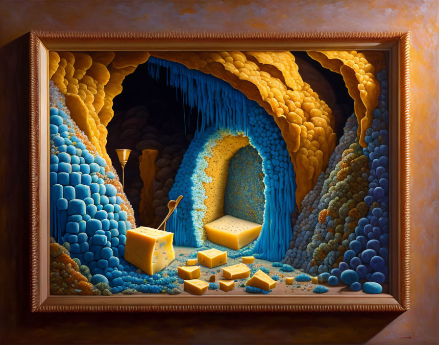 Surreal painting of blue and orange sphere cave with cheese and melting candle