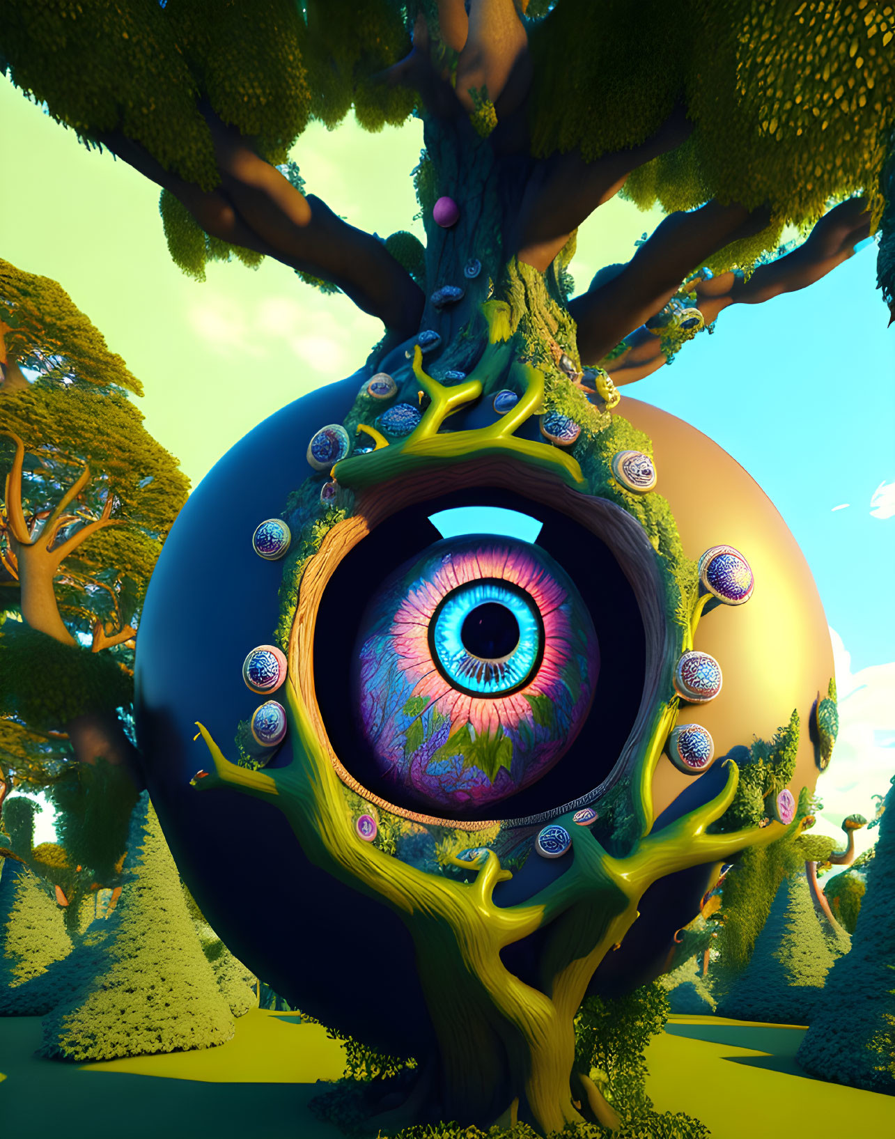 Surreal giant tree with massive eye and smaller eyes in verdant landscape