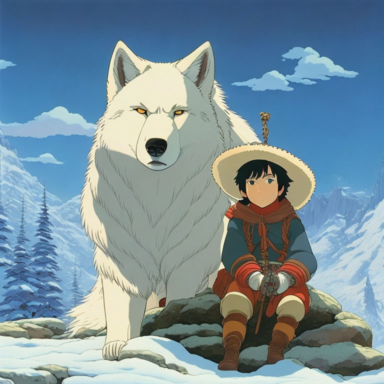 Child in tribal attire with giant white wolf in snowy mountains