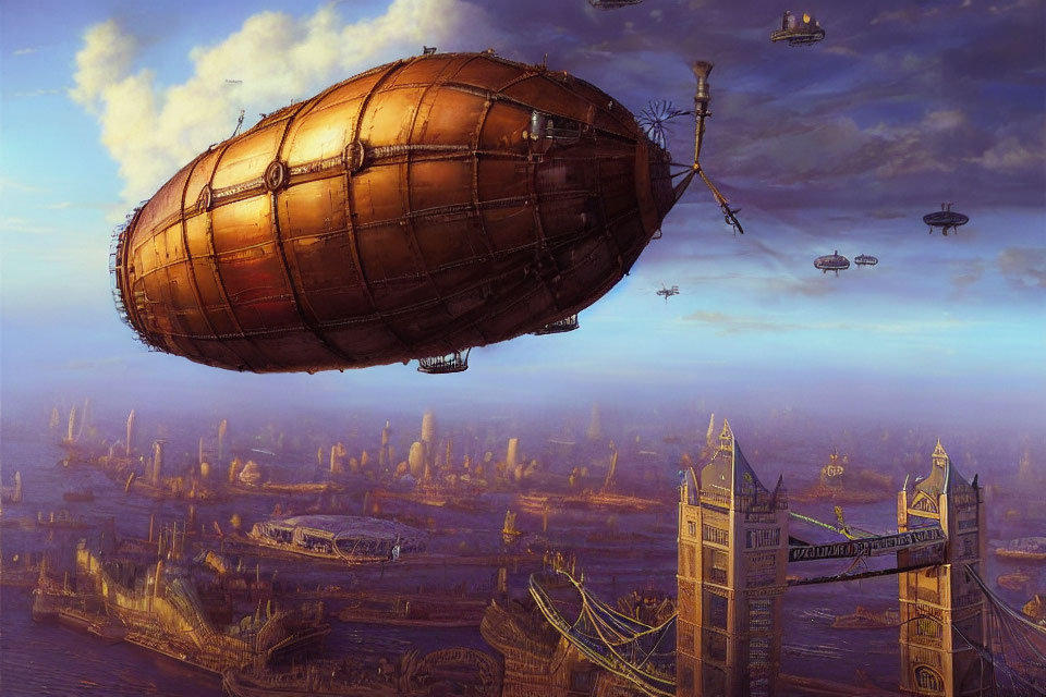 Steampunk cityscape with airships and Tower Bridge in London-inspired setting