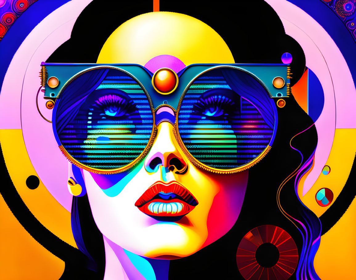 Colorful Psychedelic Digital Artwork Featuring Woman in Reflective Sunglasses