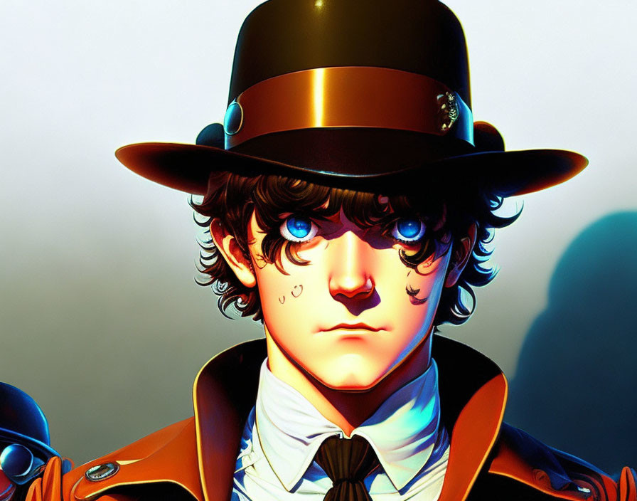 Stylized digital art portrait of young male character with curly black hair and unique attire