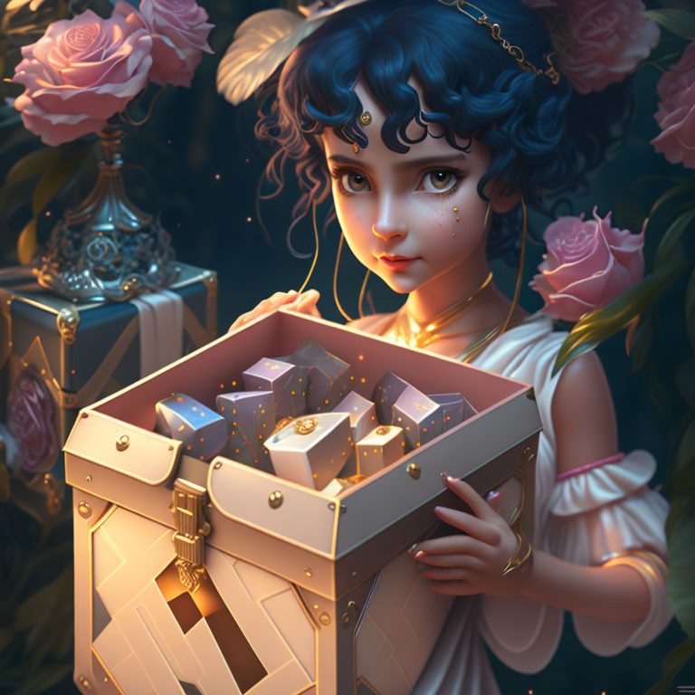 Child with Blue Curly Hair Opening Glowing Chest in Enchanting Rose Setting