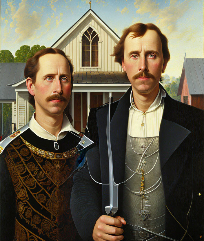 Two Men in Historical Clothing with Sword in Small Town Setting