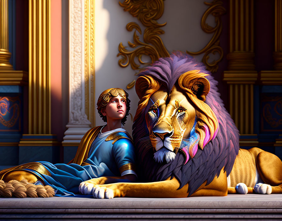 Young prince in blue tunic with majestic lion in grand hall