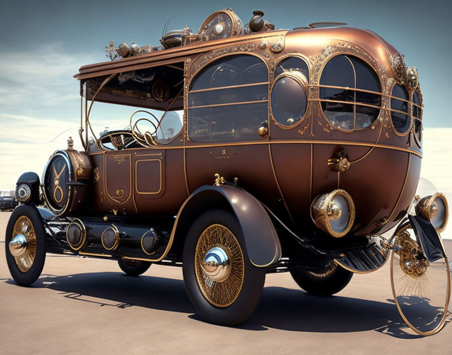 Steampunk-style vehicle with copper and brass details in desert setting