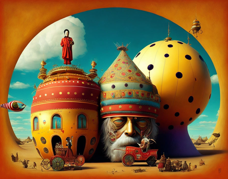 Colorful surreal artwork: giant older man's face in desert with domed structures and small figure in