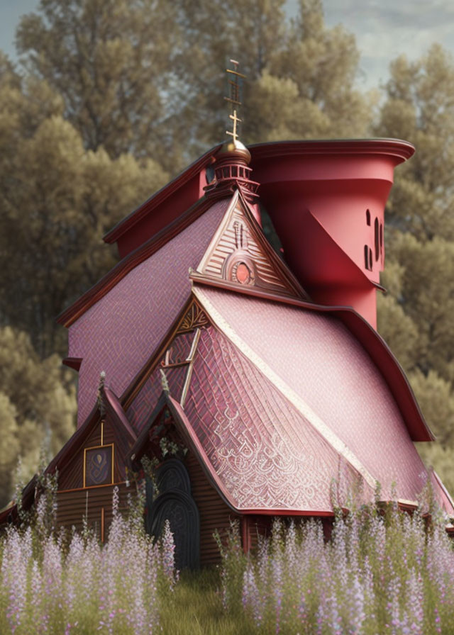 Teapot-shaped house illustration among purple flowers