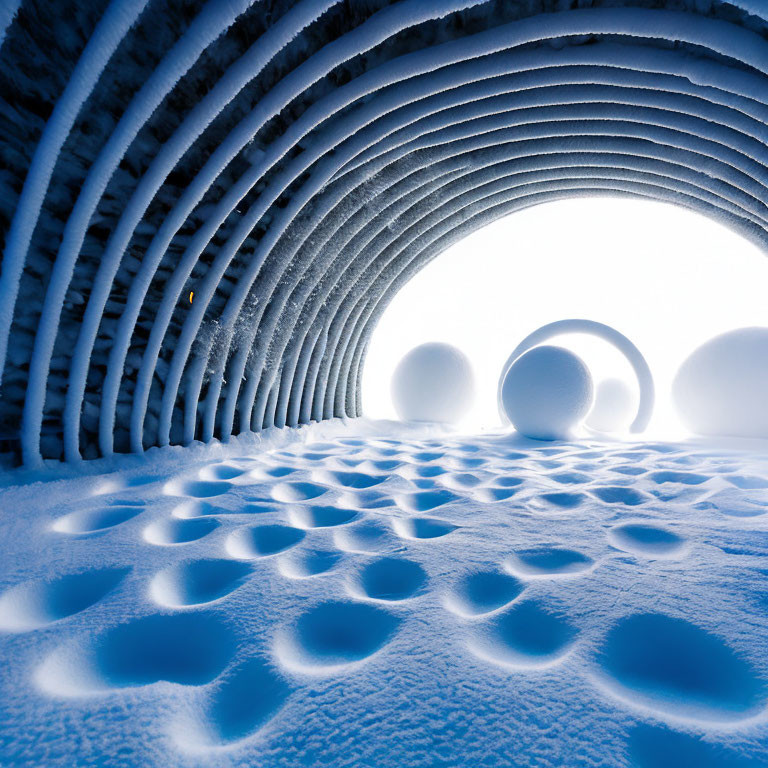 Surreal winter scene with spherical structures and icy arching corridor