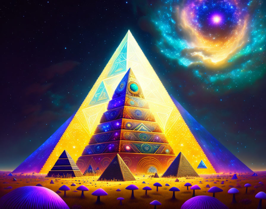 Colorful digital artwork: Glowing pyramid, starlit galaxy, luminous mushrooms