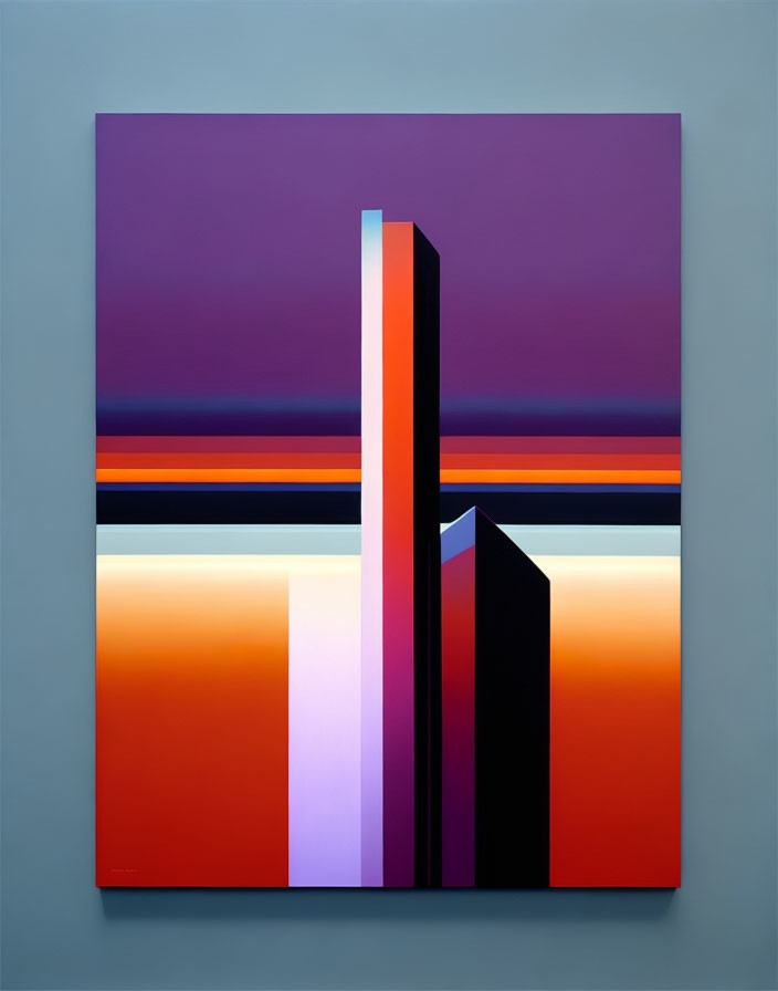 Geometric abstract painting with purple, orange, and black bands against twilight sky