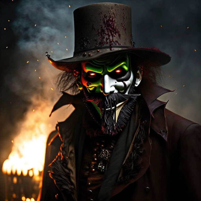 Person in Dark Costume with Top Hat and Skeletal Mask in Fiery Background