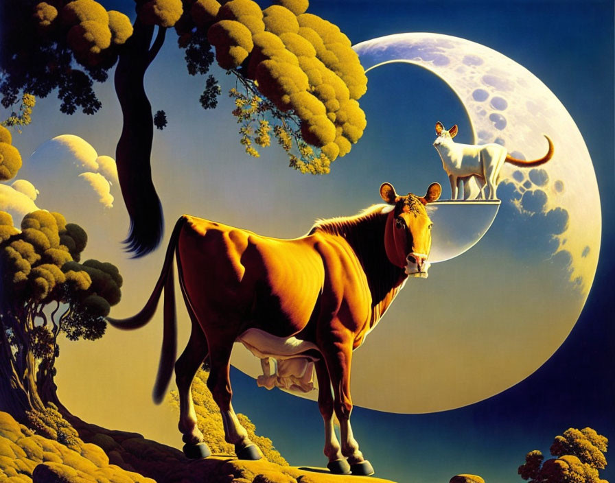 Surreal artwork of large and small cows under oversized moon