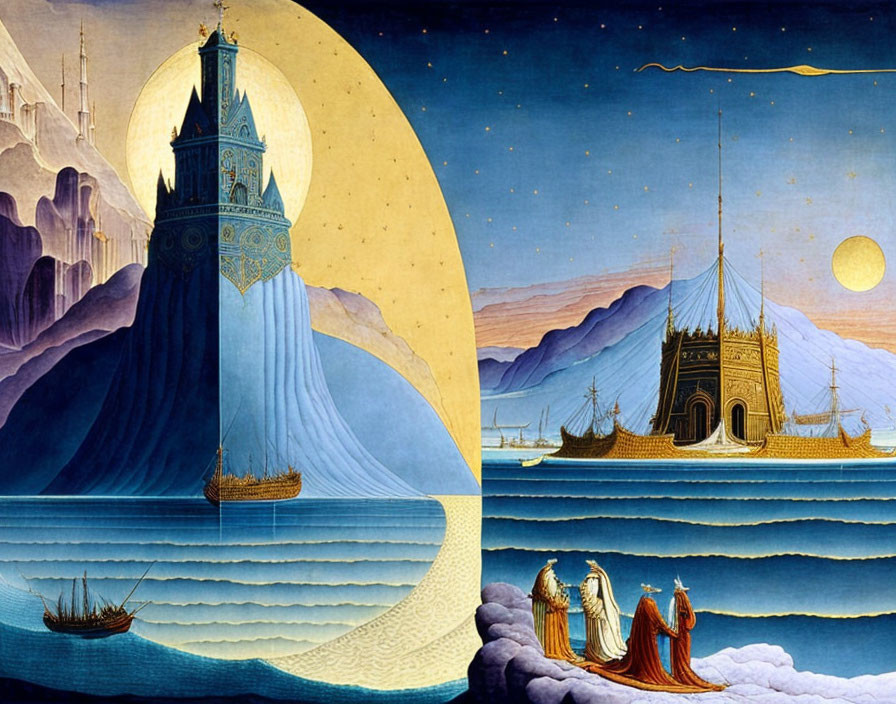 Fantastical painting of two ship castles under moonlit sky