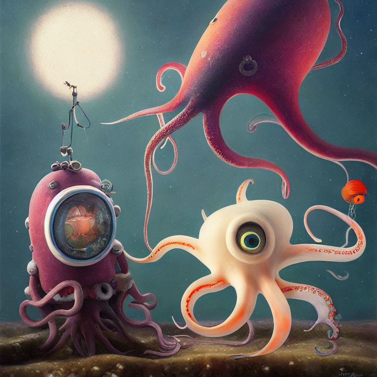 Surreal Artwork Featuring Octopus-like Creatures and Space Helmet Boat