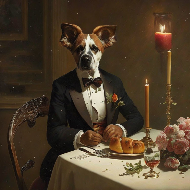 Dog with Human-Like Hands in Tuxedo at Elegant Table