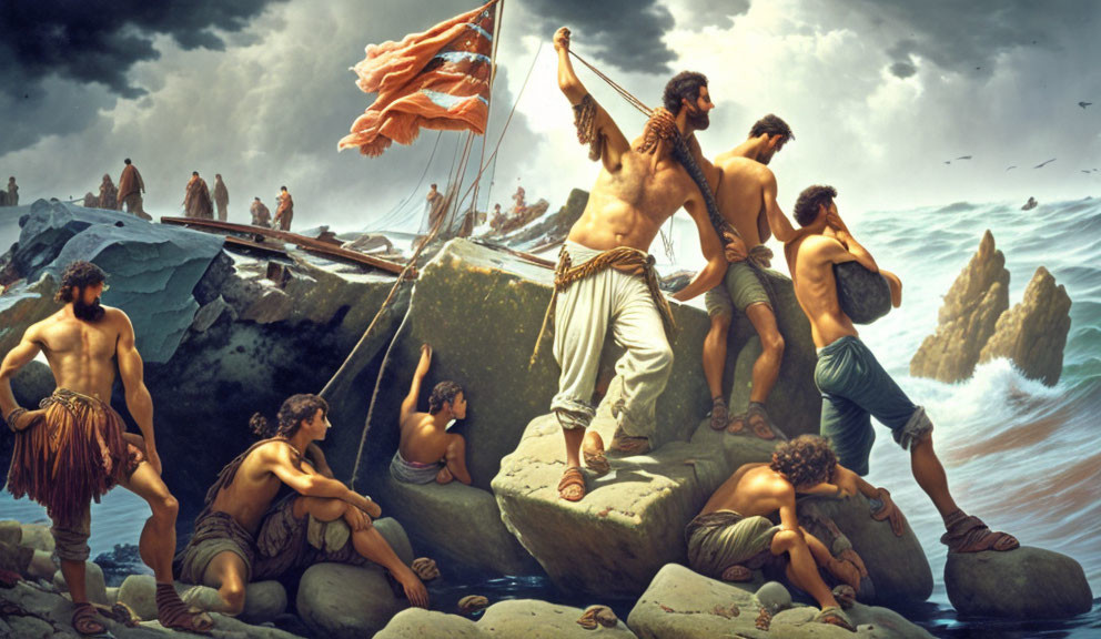 Group of men in ancient attire on rocky terrain by the sea with flag.