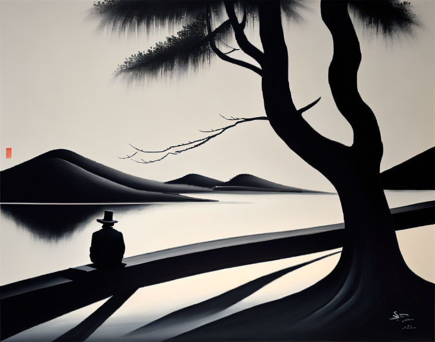 Monochromatic landscape painting with tree, boat, and hills