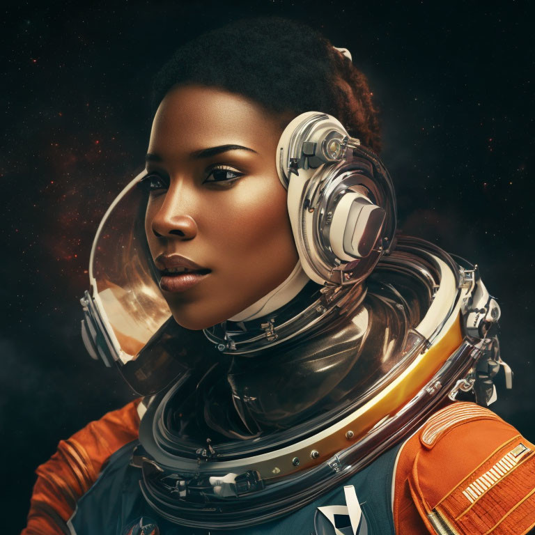 Woman in Astronaut Helmet with Futuristic Earpieces in Sci-Fi Portrait