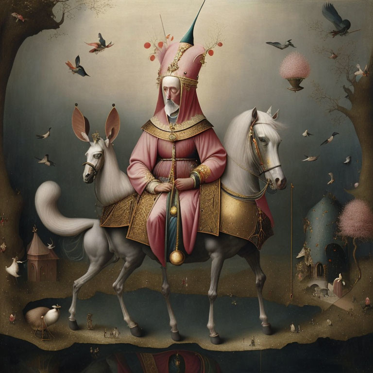 Surreal painting: figure in papal regalia on merged horse-donkey, whimsical