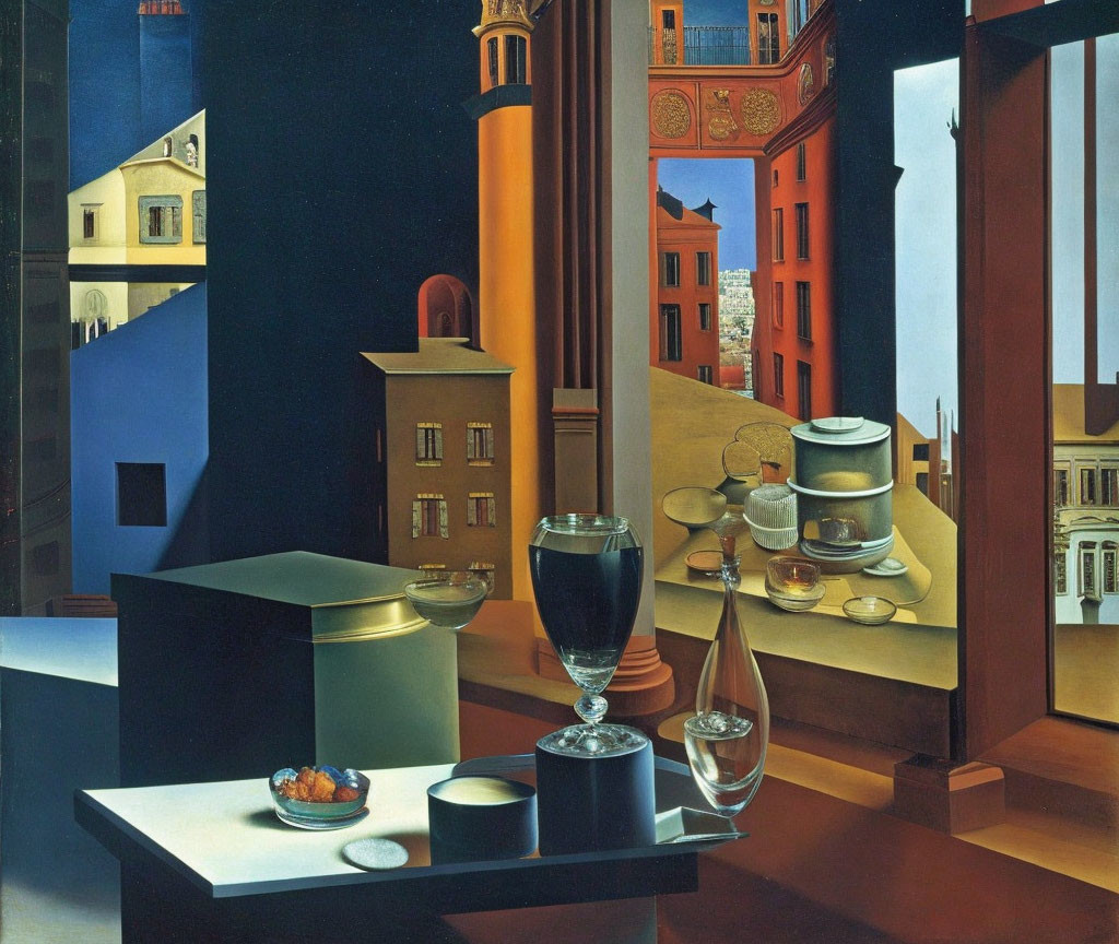 Surreal painting of tabletop with glasses, pastry, and cityscape