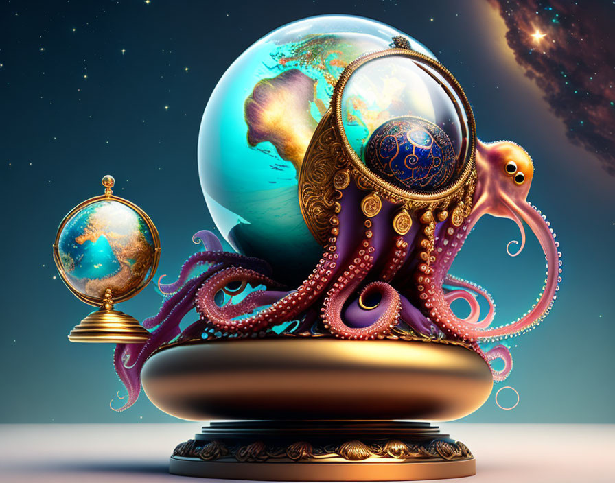 Surreal octopus and globes on cosmic background