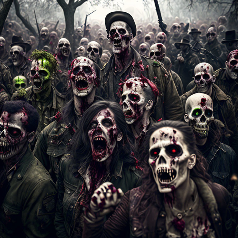 Zombie actors in military attire with gory makeup in misty forest