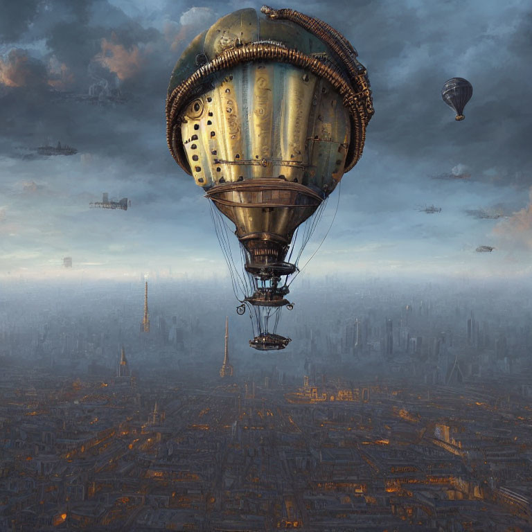 Steampunk-style hot air balloons over futuristic cityscape with mist and tall spires