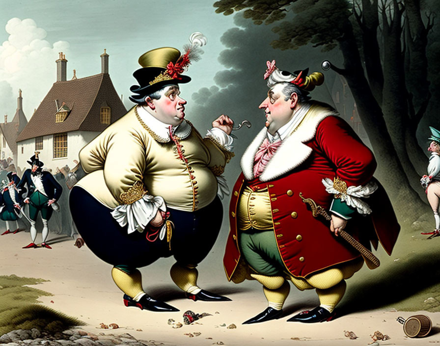 Exaggeratedly corpulent gentlemen in colorful 18th-century attire converse in front of country houses