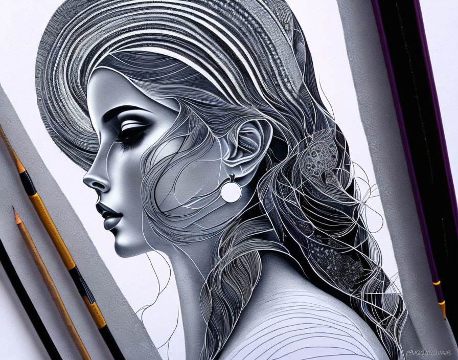 Detailed woman illustration with intricate line art hair and earring, next to pencils on white background