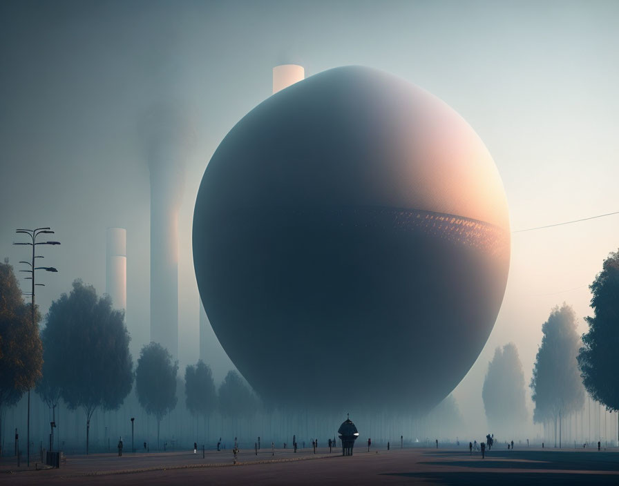 Surreal artwork of sphere above misty road with figures and smokestacks