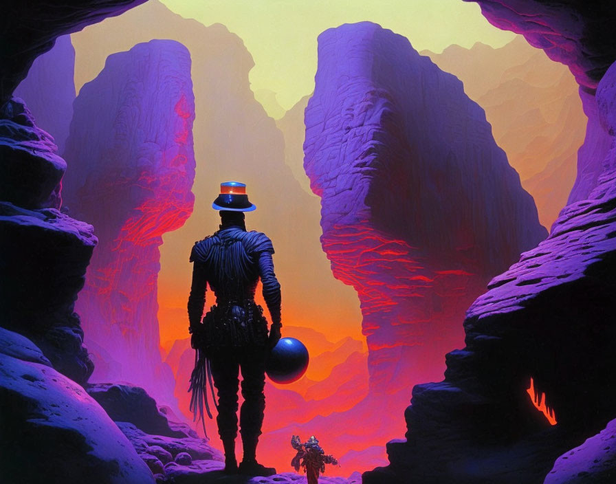 Spacesuit-clad figure at alien canyon entrance on purple landscape with reddish sky