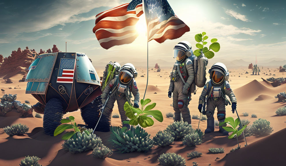 Astronauts plant greenery on Mars-like terrain with American flag and lander.