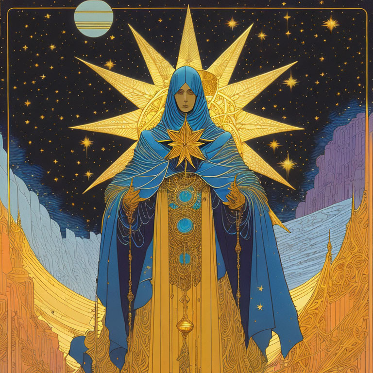 Stylized robed figure with star halo in celestial background