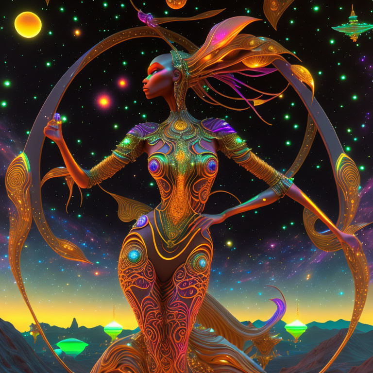 Colorful cosmic female figure with intricate body patterns in digital artwork.