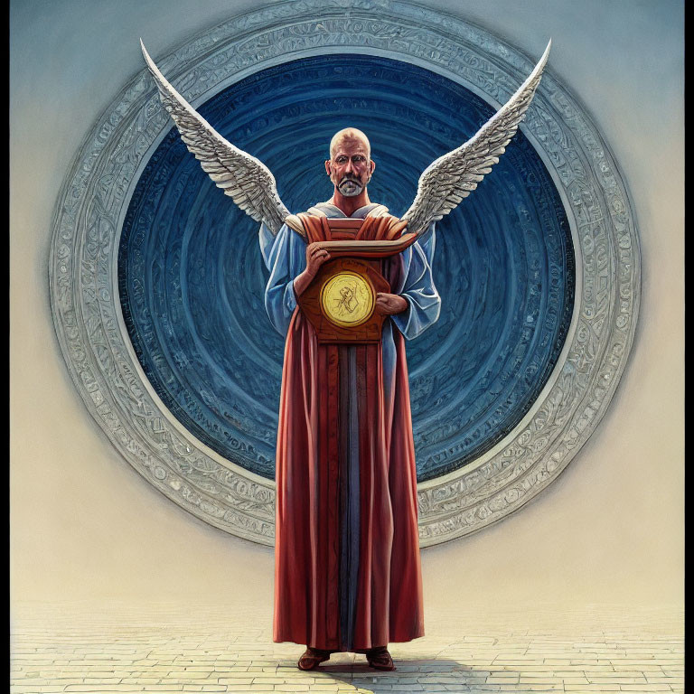 Bald Figure in Red Robe with Golden Disc on Blue Mandala