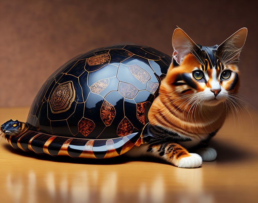 Tortoiseshell Cat and Turtle Shell Helmet on Warm Background