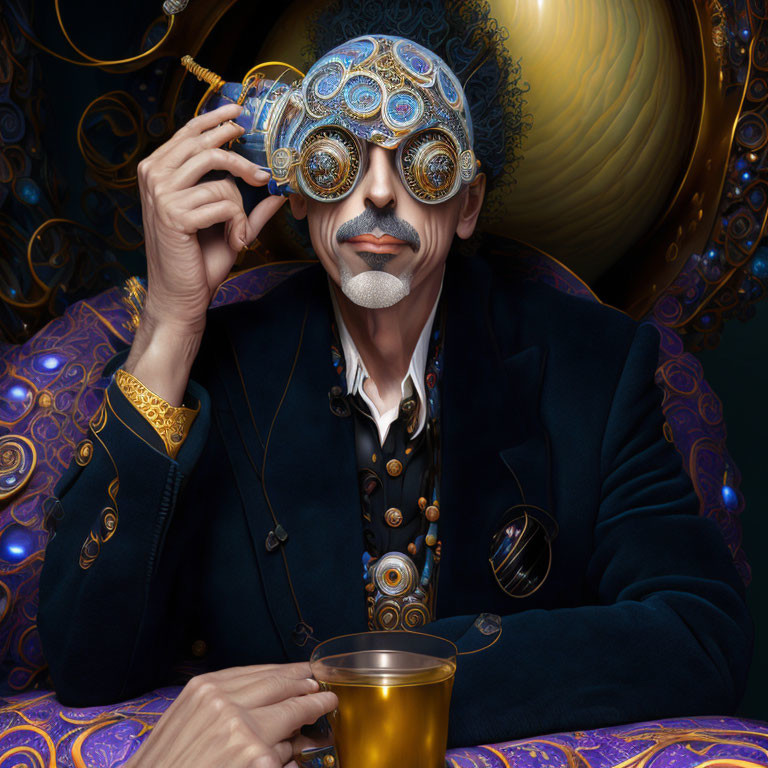 Man with ornate mask and mustache holding contraption, surrounded by swirling patterns and golden goblet