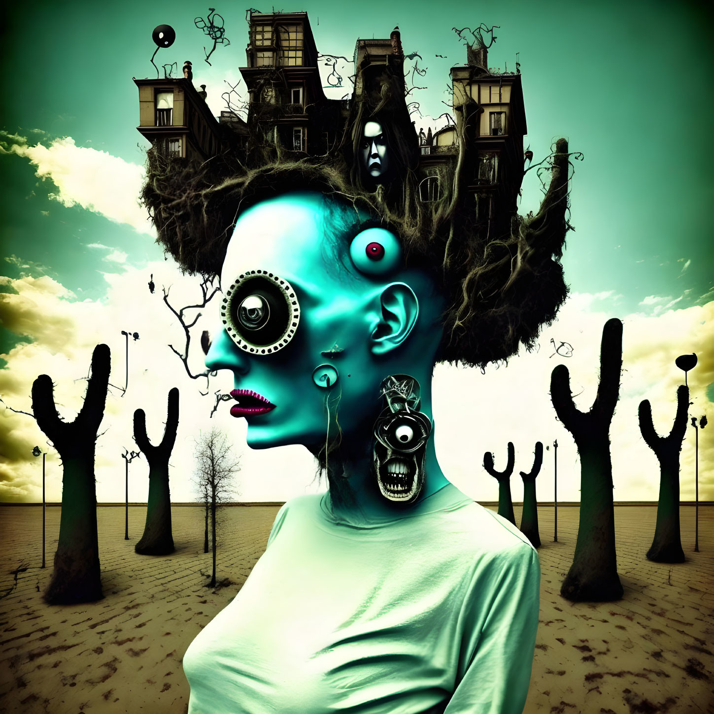 Portrait of person with multiple eerie faces and eyes in surreal setting