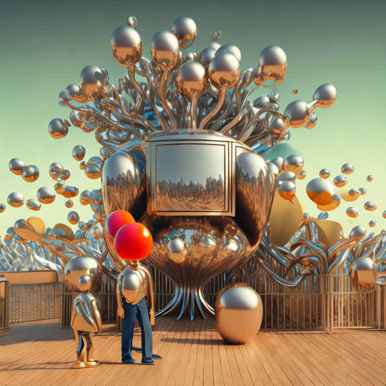 Surreal artwork: tree with mirrored leaves, cube, figures with reflective balloon heads