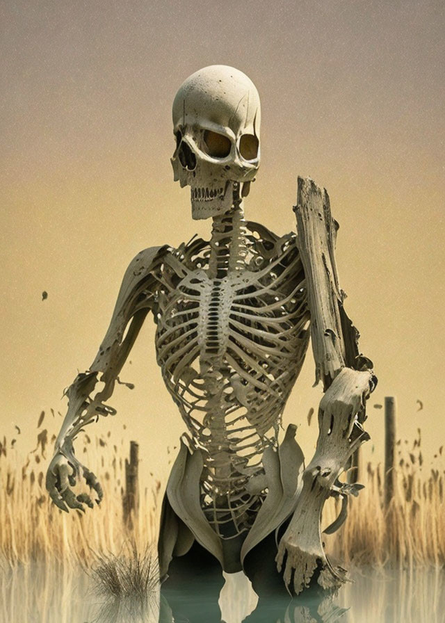 Elongated skull skeletal figure wading in shallow water