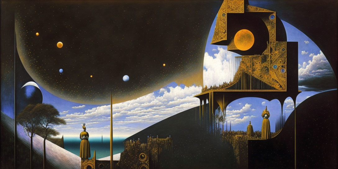 Surrealistic painting with celestial bodies, figures, and starry sky.