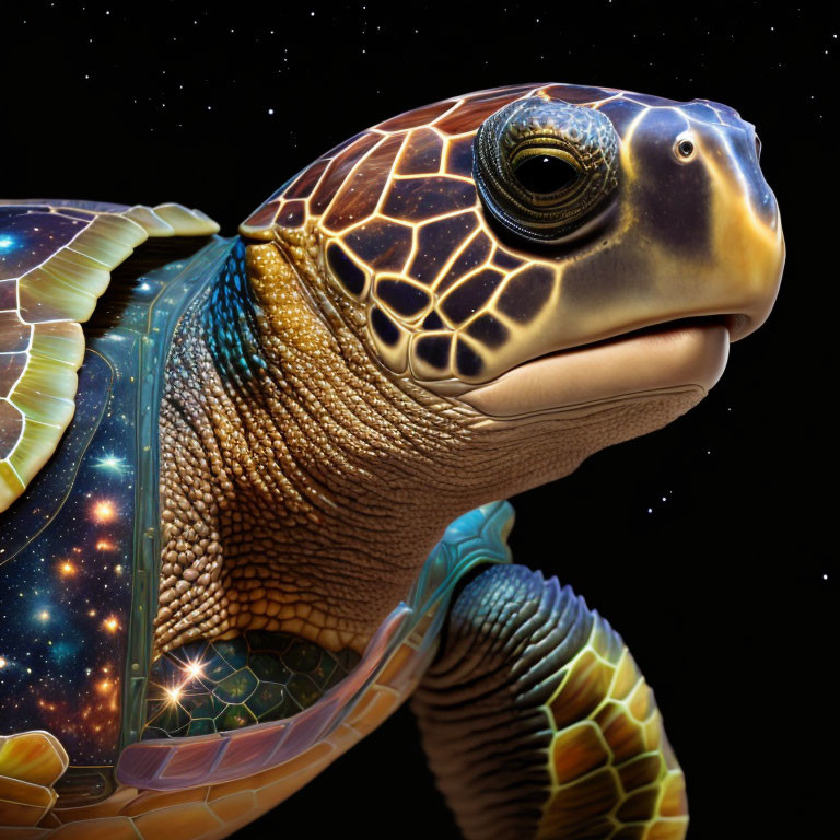 Sea turtle with cosmic star field overlay for a surreal look