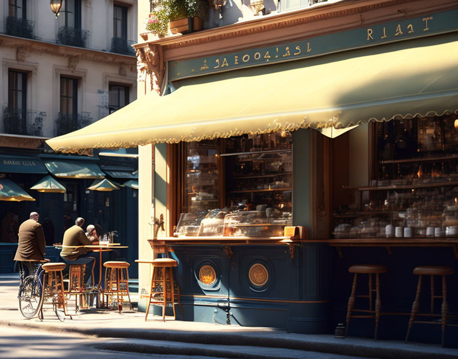 Patrons at cozy cafe with parked bicycle in urban setting