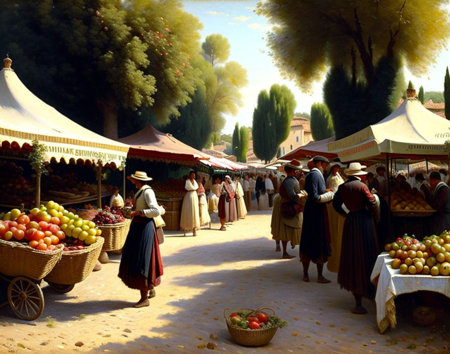 Vibrant outdoor market scene with traditional clothing, white canopies, and colorful fruits under a sunny