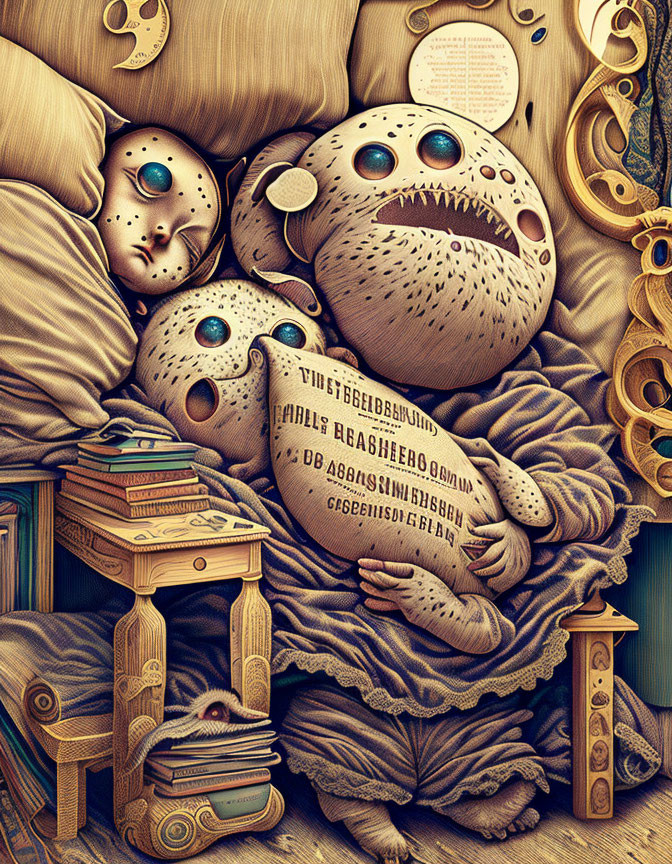 Surreal artwork featuring creature-like forms, eyes, mouths, books, ornate textures, crypt