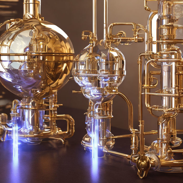 Golden apparatus with glass bulbs and blue glows on dark background