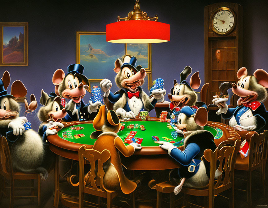 Anthropomorphic mice playing poker in a cozy room with a red lampshade, grandfather clock, and