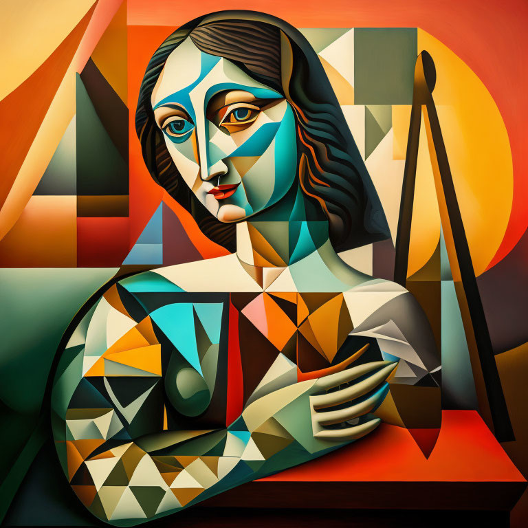 Vibrant cubist portrait of woman with geometric shapes and musical instrument